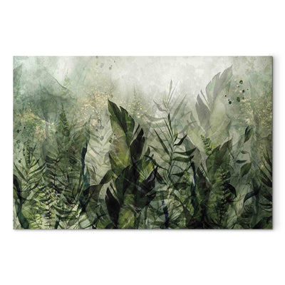 Painting on acrylic glass - Morning Dew - composition with leaves on green background, 151497 Artgeist