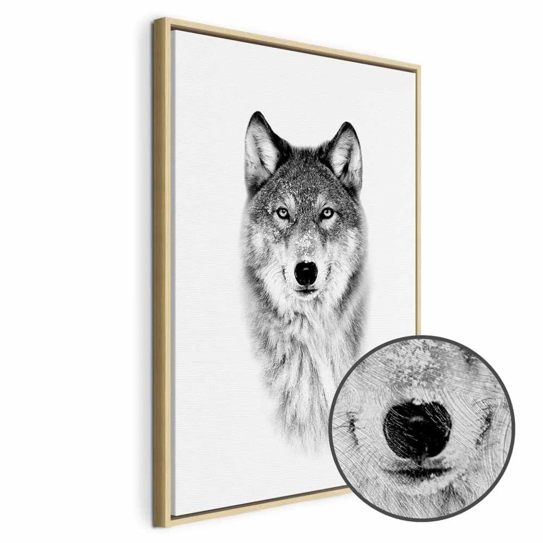 Framed painting Northern Gaze in a natural wood frame with a wolf snout texture close-up 