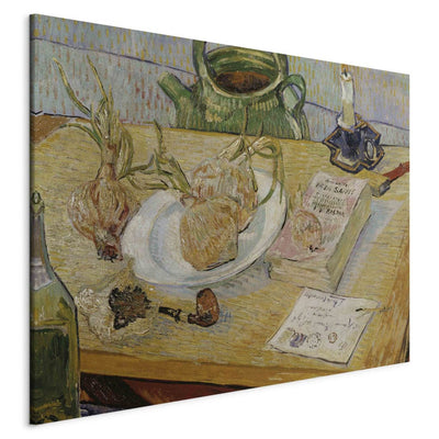 Tapybos reprodukcija (Vincentas Van Gogas) - natiurmortas su piešimo lenta, vamzdžiais, svogūnais ir antspaudu G menas