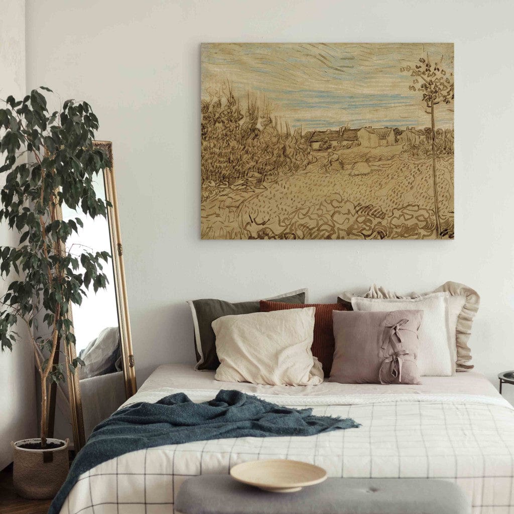 Gleznas reprodukcija /Vinsents van Gogs/ - Mājiņas un sieviete, kas strādā pa vidu. G ART