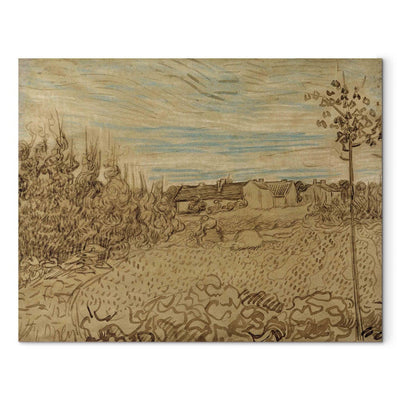 Maalauksen lisääntyminen (Vincent Van Gogh) - mökki ja keskellä työskentelevä nainen. G -taide