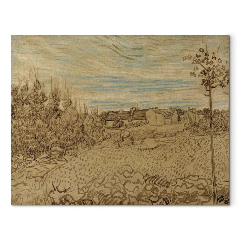 Maalauksen lisääntyminen (Vincent Van Gogh) - mökki ja keskellä työskentelevä nainen. G -taide
