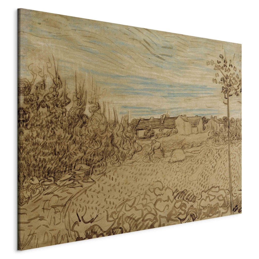 Gleznas reprodukcija /Vinsents van Gogs/ - Mājiņas un sieviete, kas strādā pa vidu. G ART