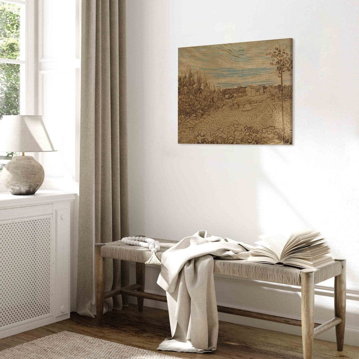 Gleznas reprodukcija /Vinsents van Gogs/ - Mājiņas un sieviete, kas strādā pa vidu. G ART