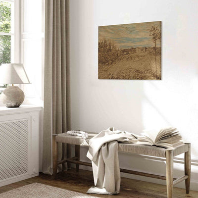 Воспроизведение живописи (Винсент Ван Гог) - коттедж и женщина, работающая посередине. G Art