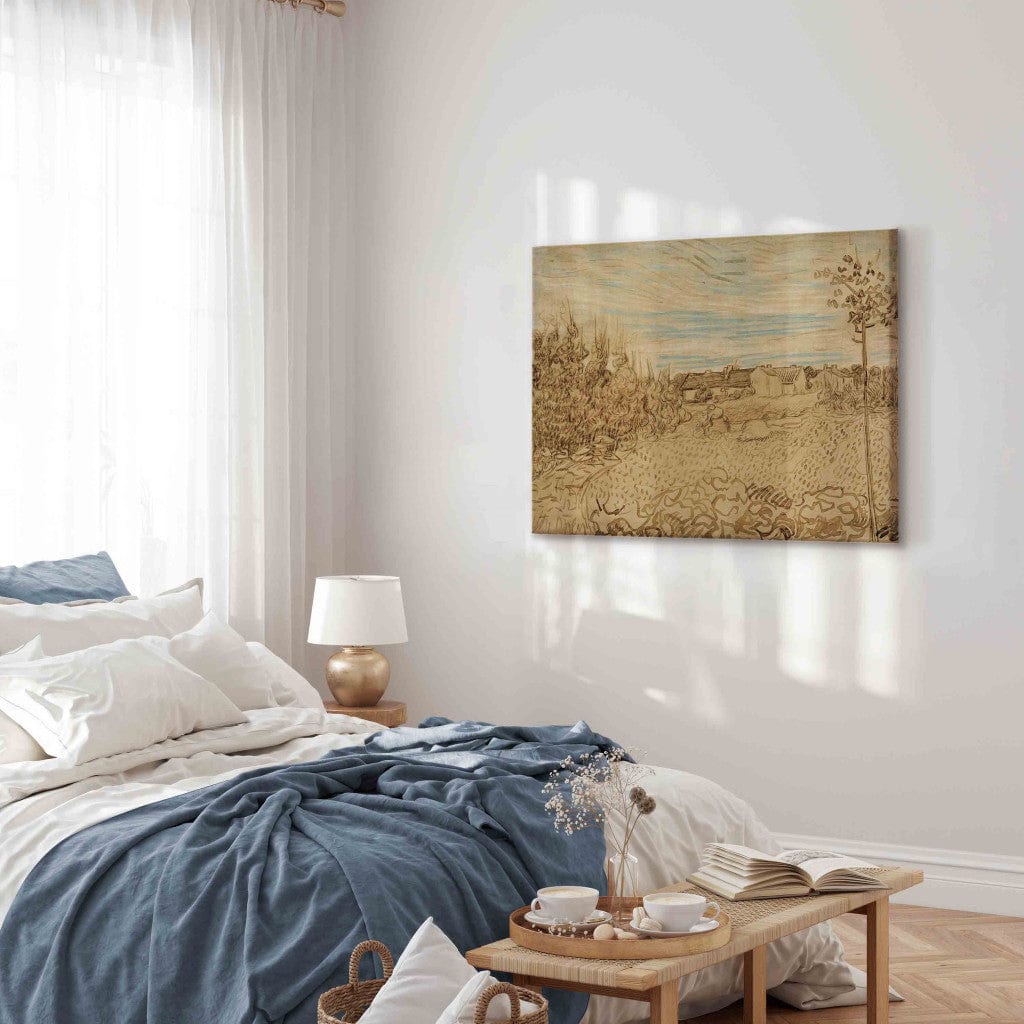 Gleznas reprodukcija /Vinsents van Gogs/ - Mājiņas un sieviete, kas strādā pa vidu. G ART