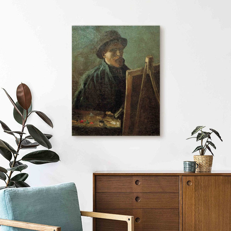 Tapybos atkūrimas (Vincentas Van Gogas) - savaime suprantamas dalykas su tamsiais veltiniais skrybėle prie molberto G meno