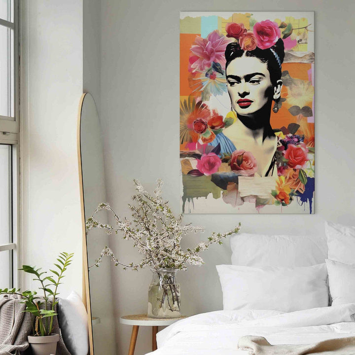Gleznotājas portrets - Frida Kalo uz pasteļkrāsas ziedu fona, 152217, liels izmērs G-ART