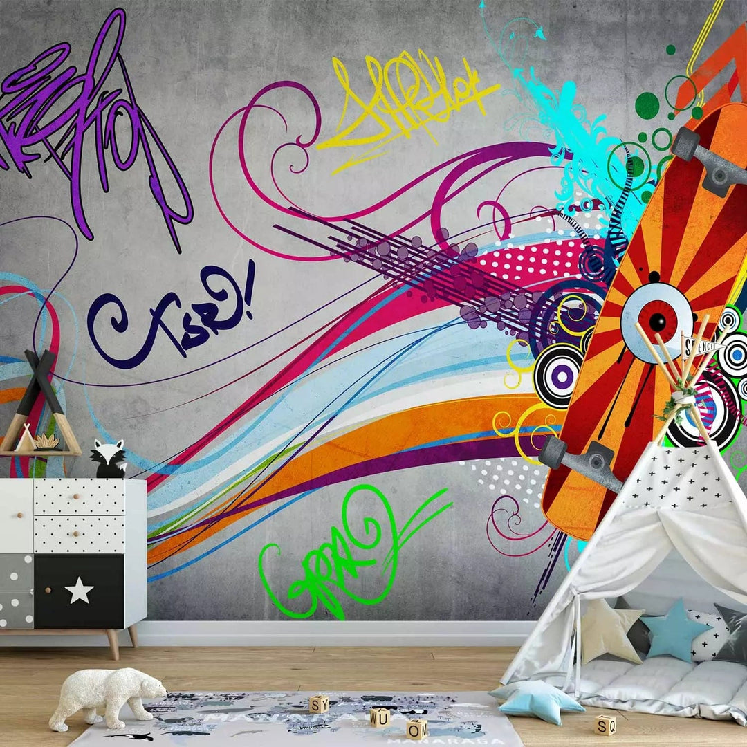 Graffiti fototapetes - zīmējums ar krāsainām svītrām uz pelēka fona G-ART