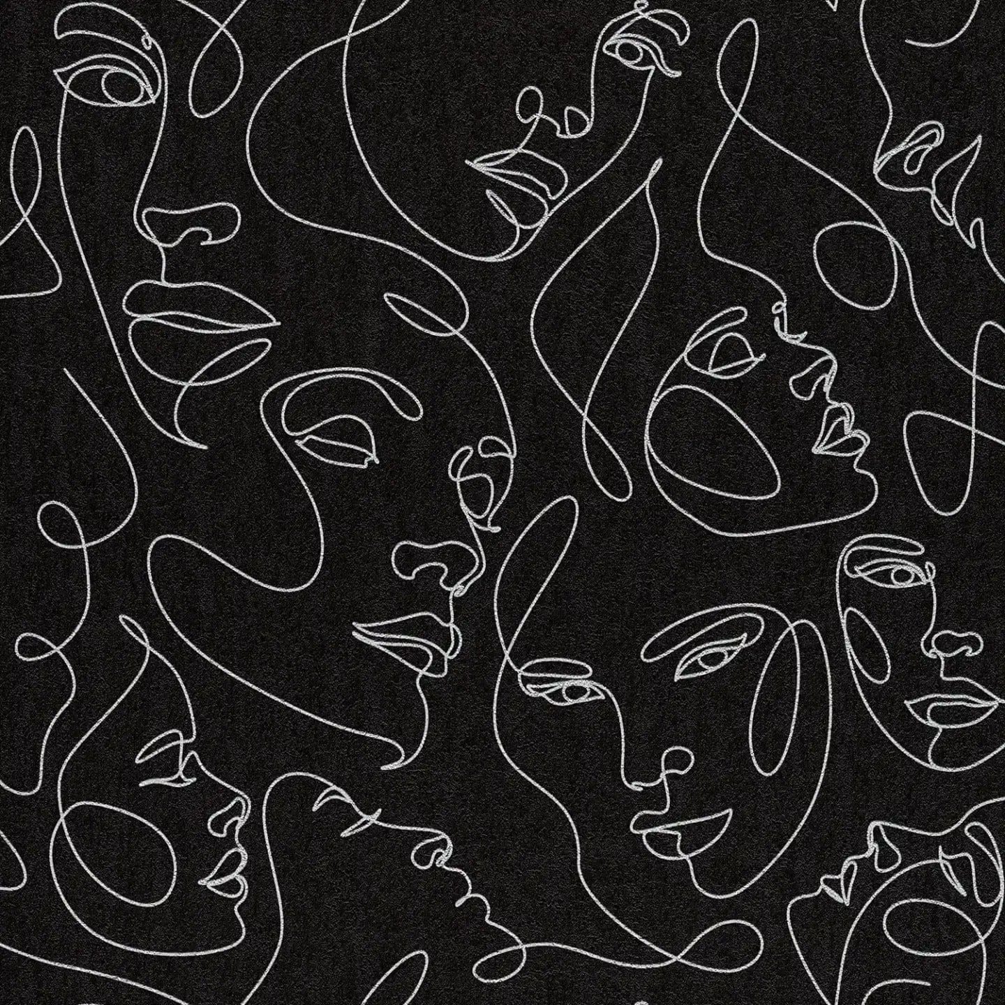 Melnu grafisko tapešu tuvplāns ar abstraktām sejām, izceļot virsmu. SKU: 3012253, AS Creation.