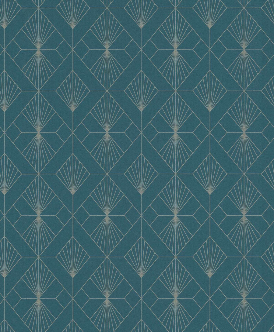 Grafikas Art Deco neaustas tapetes petrolkrāsā un sudrabkrāsā, 620924 RASCH