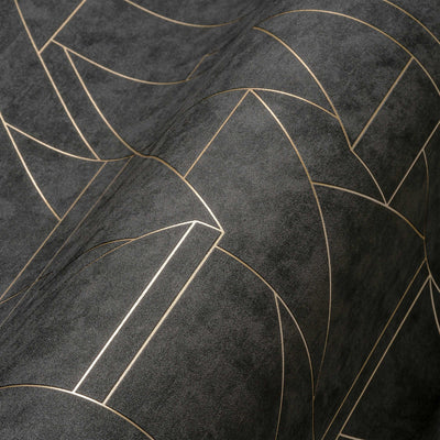 Grafiniai tapetai su moderniu linijų raštu, juodos ir auksinės spalvos, 1374020 AS Creation