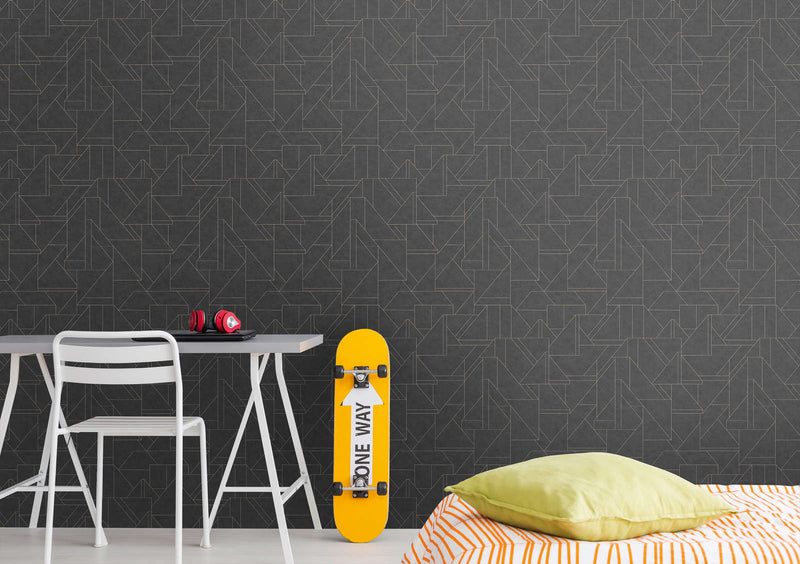 Graphic wallpaper with modern line pattern, black and gold, 1374020 AS Creation