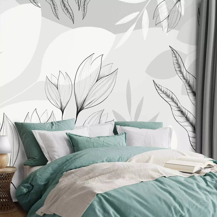 Valokuvatapetti - Harmaa kukka- ja lehtiasetelma, 138804