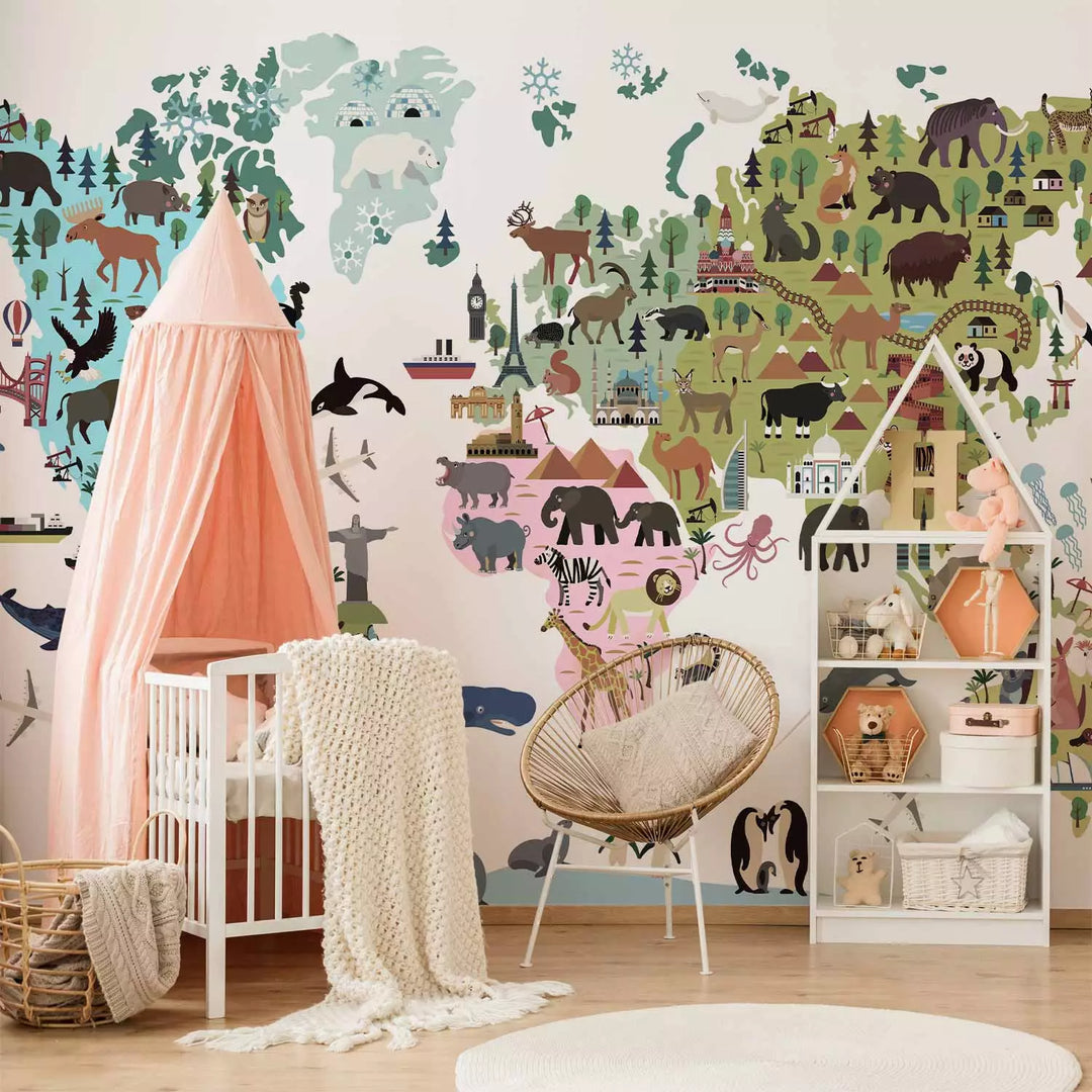 Fototapetes - Krāsaina karte bērniem, kontinenti un dzīvnieki, 149287