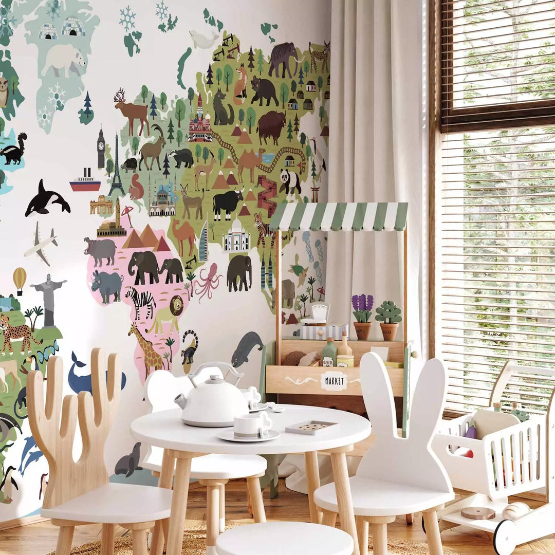 Fototapetes - Krāsaina karte bērniem, kontinenti un dzīvnieki, 149287