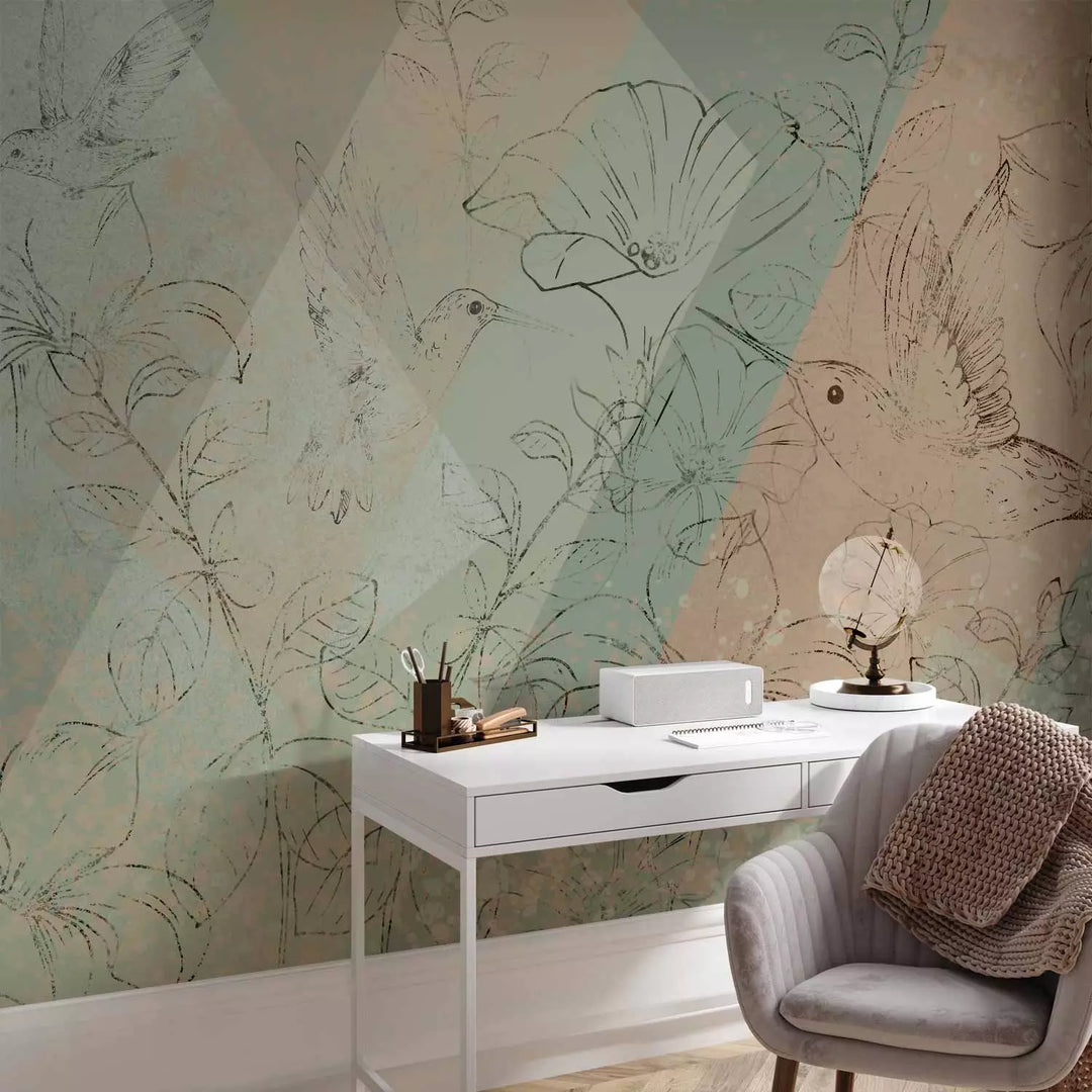 Фотообои с колибри - Колибри на лугу (зеленые оттенки), 146340