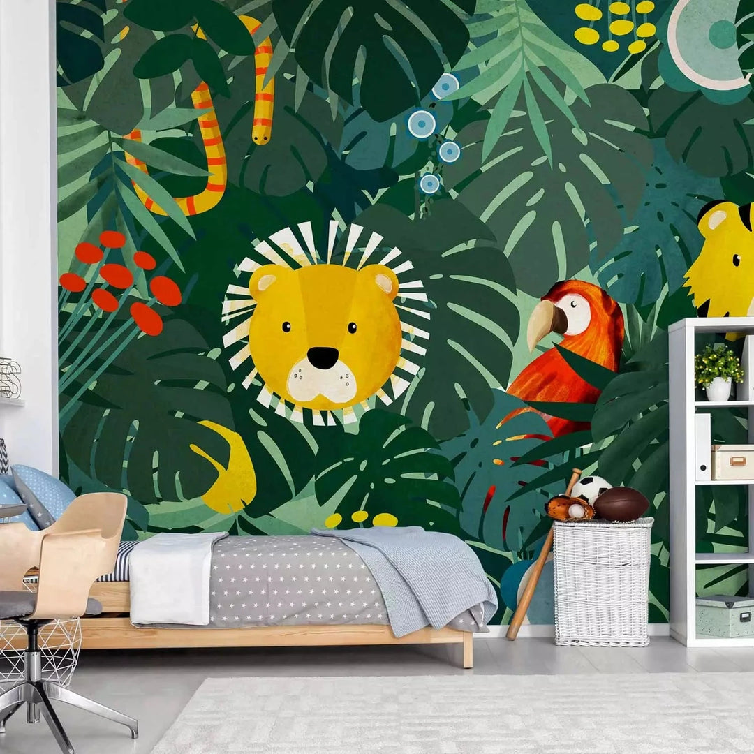 Wall Murals nursery - animals between leaves (green), 143574