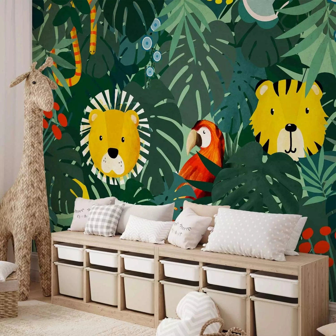 Wall Murals nursery - animals between leaves (green), 143574