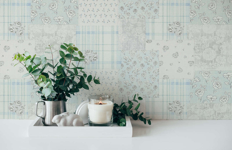 Country style wallpaper with floral pattern: light blue and grey - 1373010 AS Creation