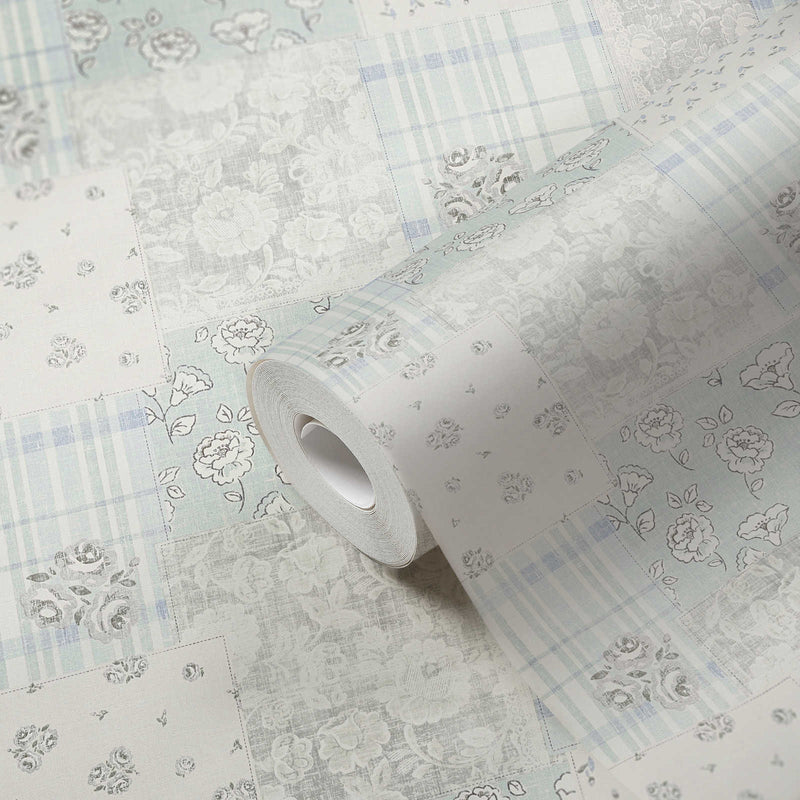 Country style wallpaper with floral pattern: light blue and grey - 1373010 AS Creation