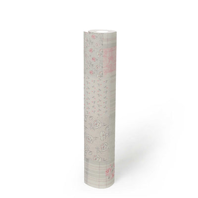 Country style wallpaper with floral pattern: grey and pink - 1373007 AS Creation