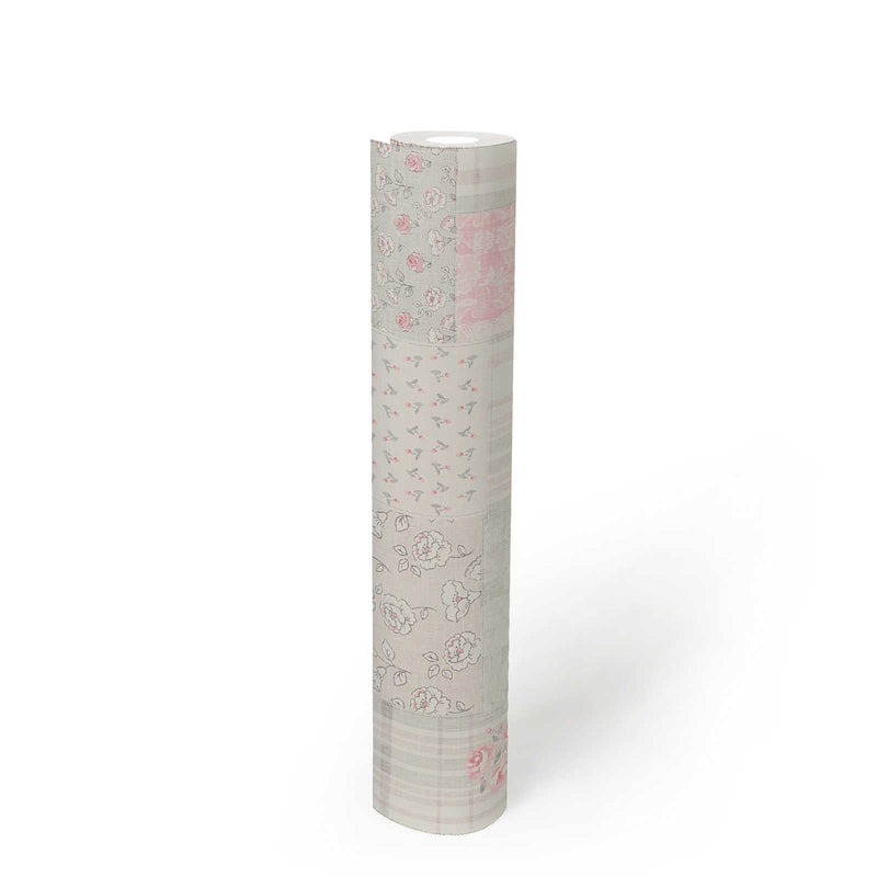 Kantrī stila tapetes ar ziedu rakstu: pelēkā un rozā krāsā - 1373007 AS Creation
