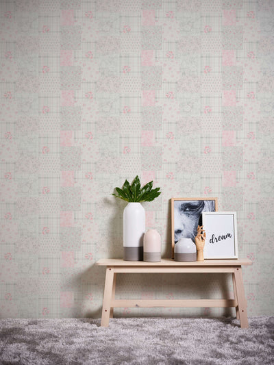 Country style wallpaper with floral pattern: grey and pink - 1373007 AS Creation