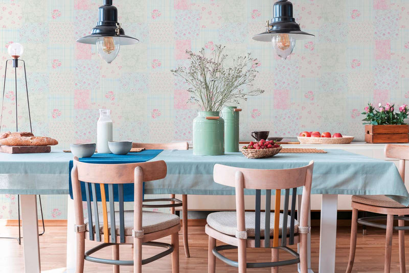 Country style wallpaper with floral pattern: blue, pink - 1373005 AS Creation