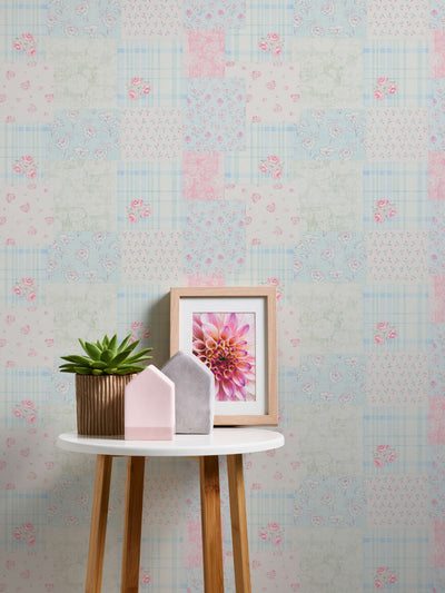 Country style wallpaper with floral pattern: blue, pink - 1373005 AS Creation