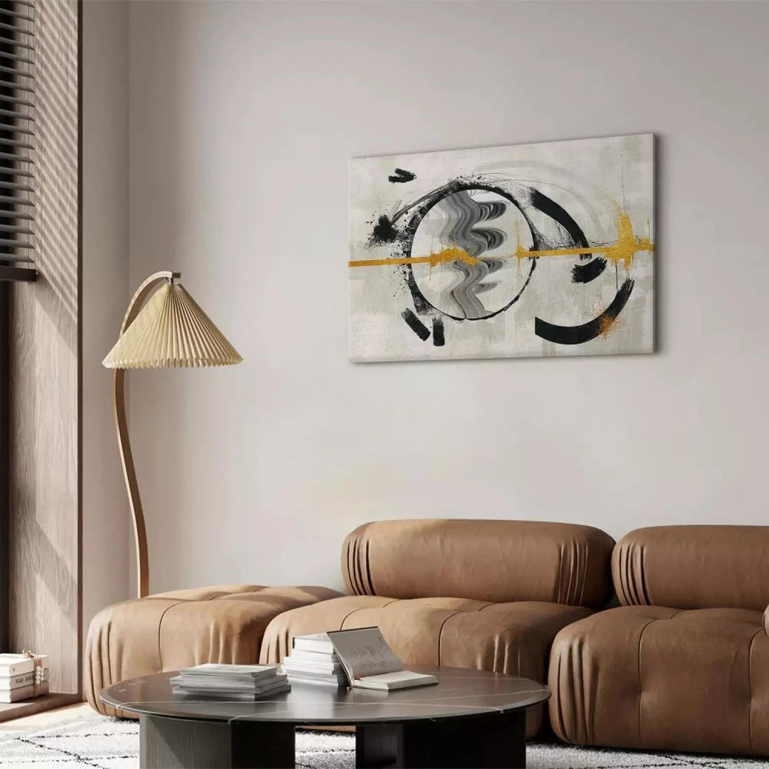 Glezna ar melnu sfēru un zelta līnijām (1 daļa), horizontāla G-ART