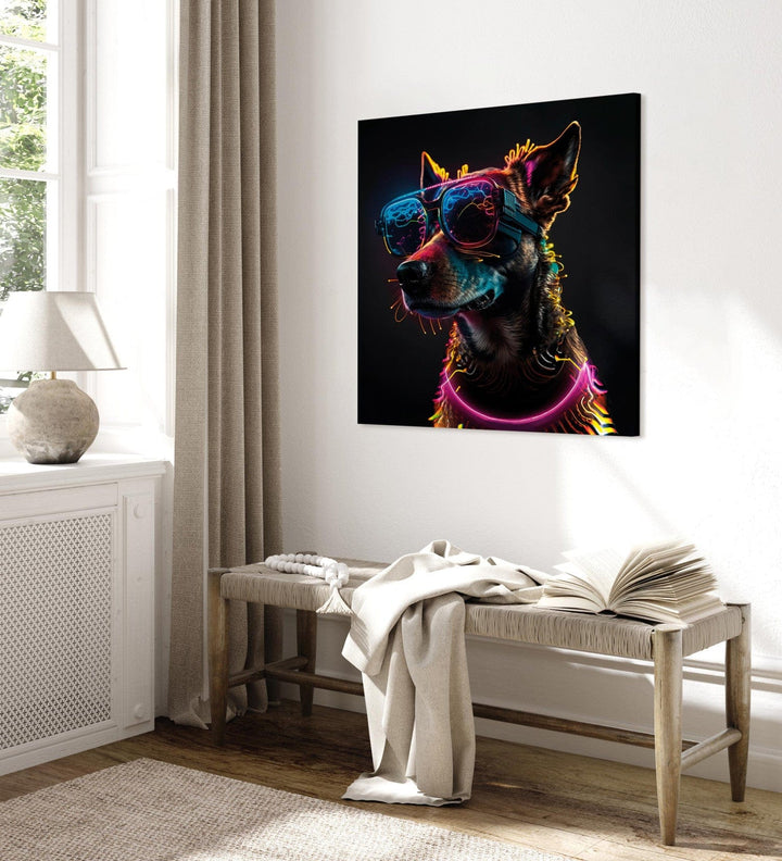 Glezna no mākslīgā intelekta - rozā kiberdzīvnieks ar neona brillēm G-ART