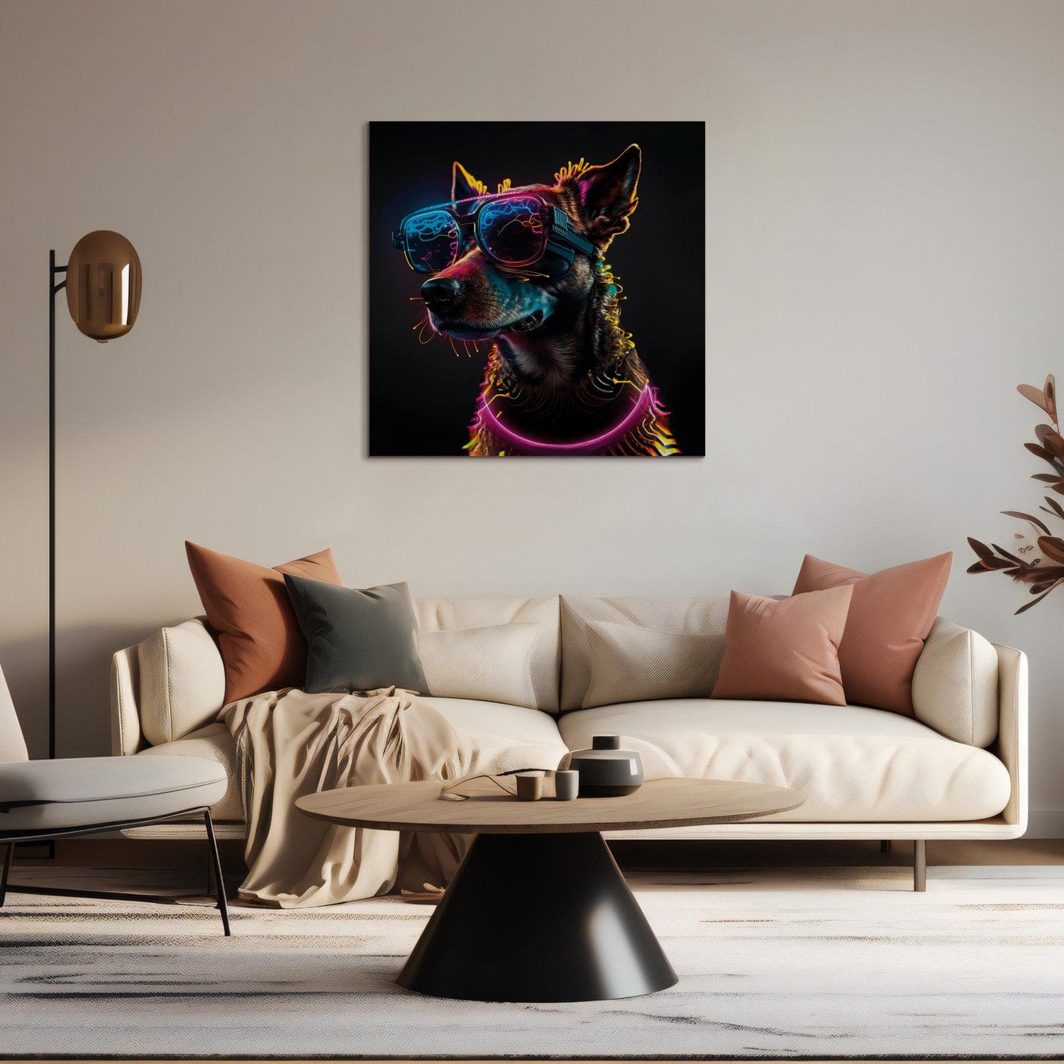 Glezna no mākslīgā intelekta - rozā kiberdzīvnieks ar neona brillēm G-ART
