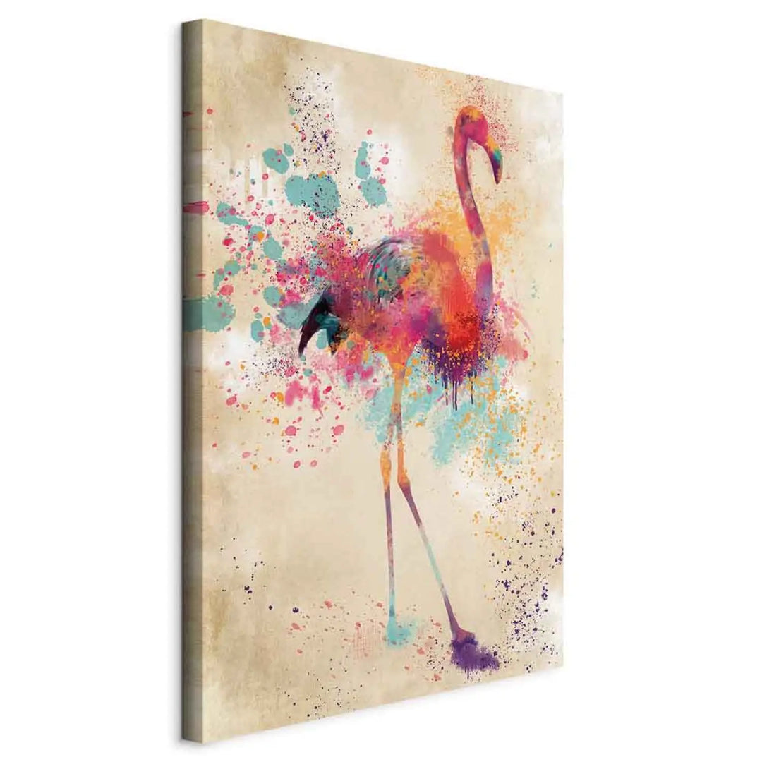 Krāsaina audekla glezna ar flamingo akvareļa un krāsu šļakatu stilā
