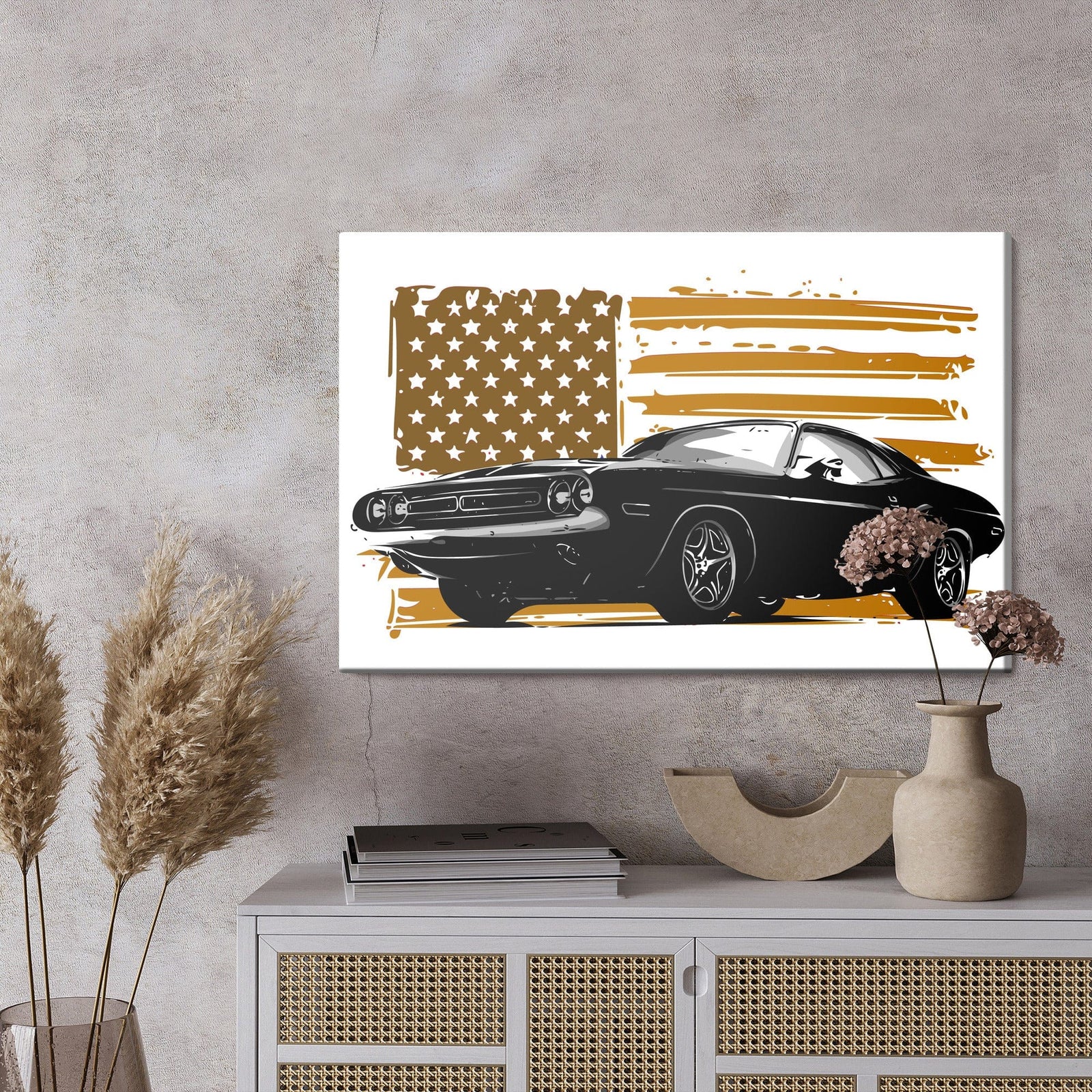 Kanva - Amerikāņu muskuļauto uz fona ar smilškrāsas ASV karogu, N-2821 X-ART