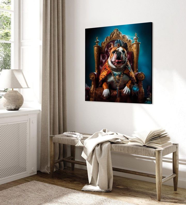 Glezna no mākslīgā intelekta - Angļu buldogs tronī karaļa lomā, 150267 G-ART