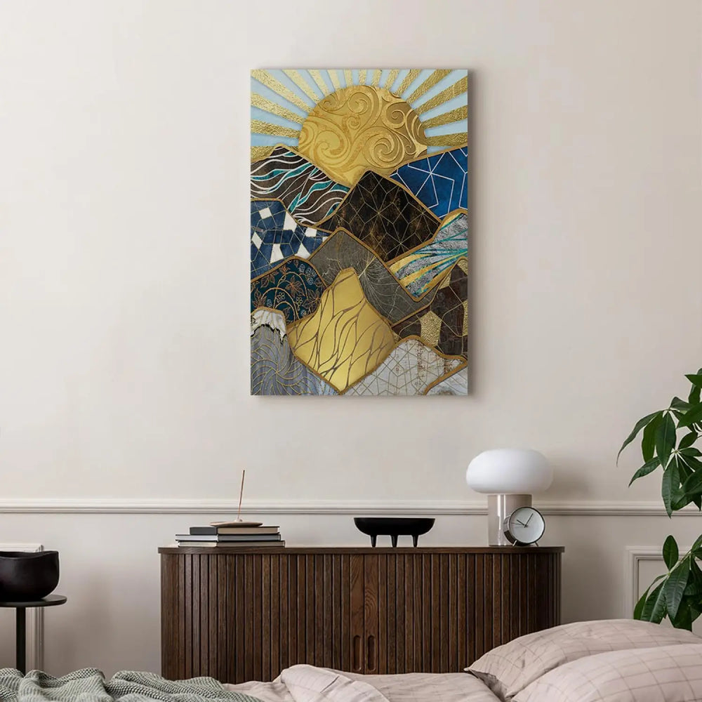 Glezna ar abstrakciju: kalniem un saulrietu - Burvīgā zeme ART XL