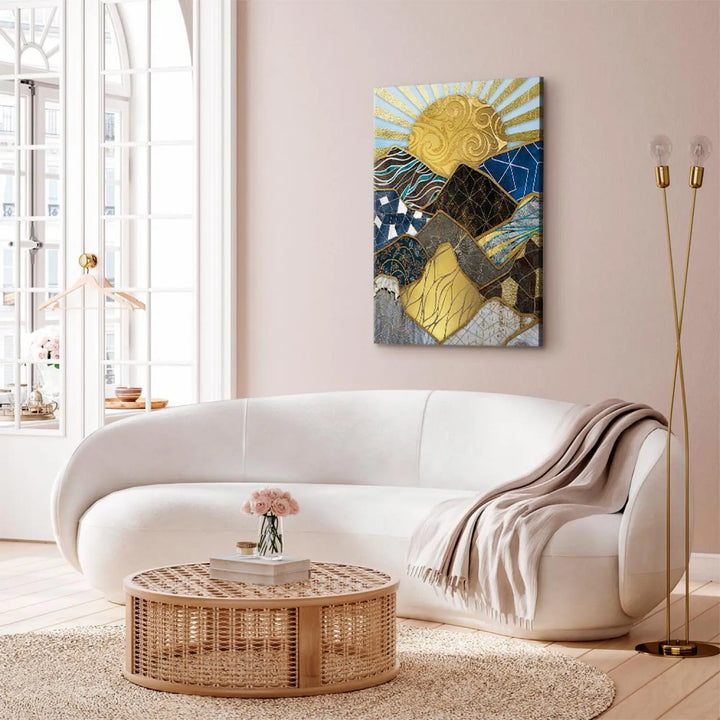 Glezna ar abstrakciju: kalniem un saulrietu - Burvīgā zeme ART XL