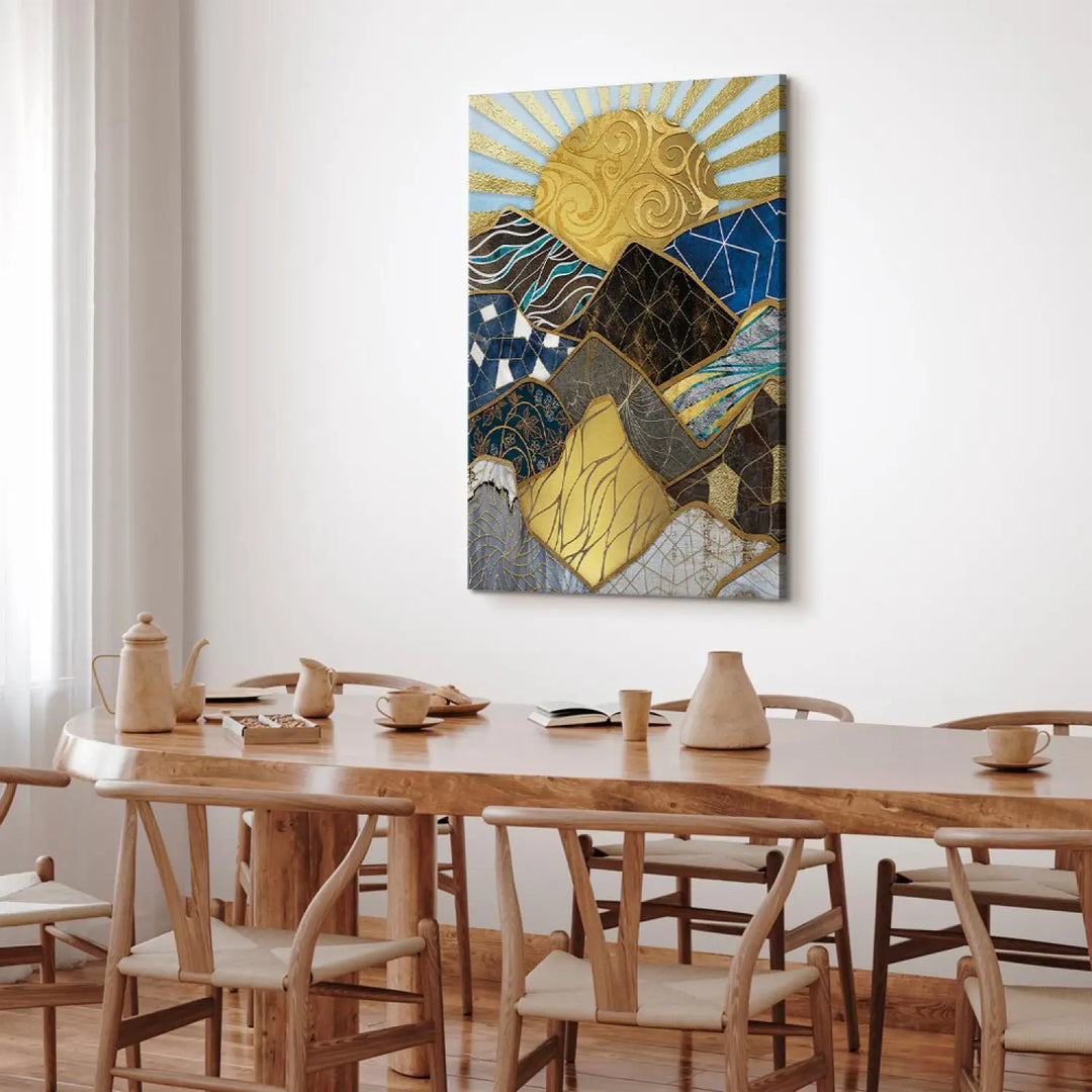 Glezna ar abstrakciju: kalniem un saulrietu - Burvīgā zeme ART XL