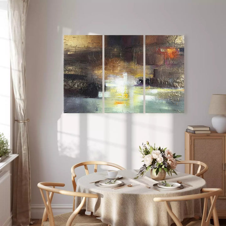 Kanva ar abstrakta rakstu ar pamatu zeltā krāsā - Greznuma elpa, (x 3) ART XL