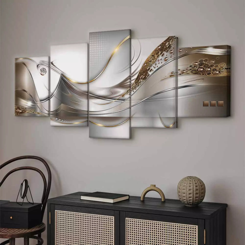 Kanva ar abstrakta rakstu  - Zelta lidojums, zeta viļņi uz pelēka ART XL