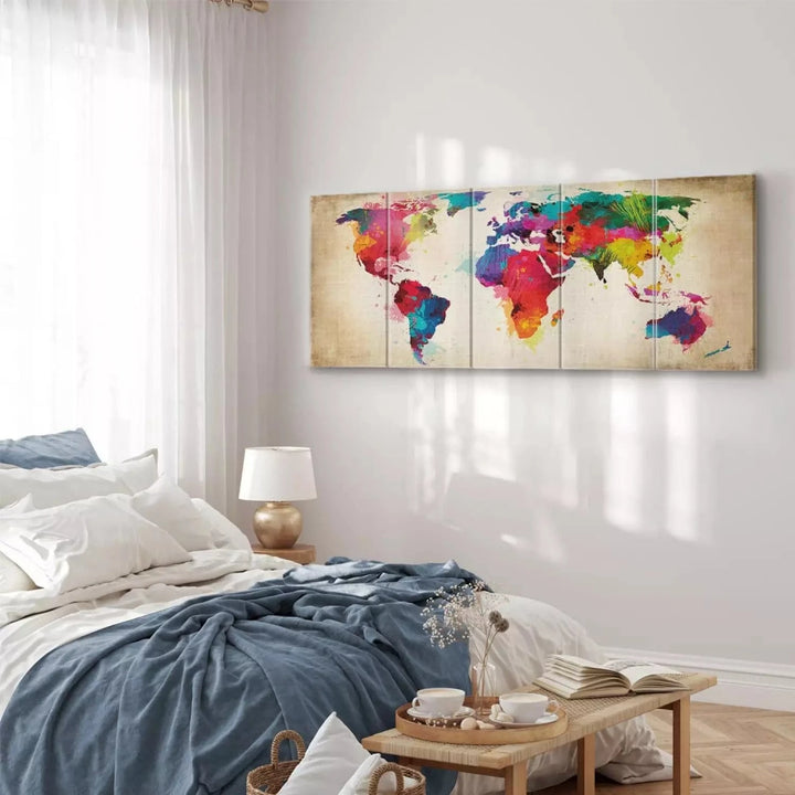 Kanva - Ar akvareļu krāsām gleznota pasaules karte - daudzkrāsaina ART XL