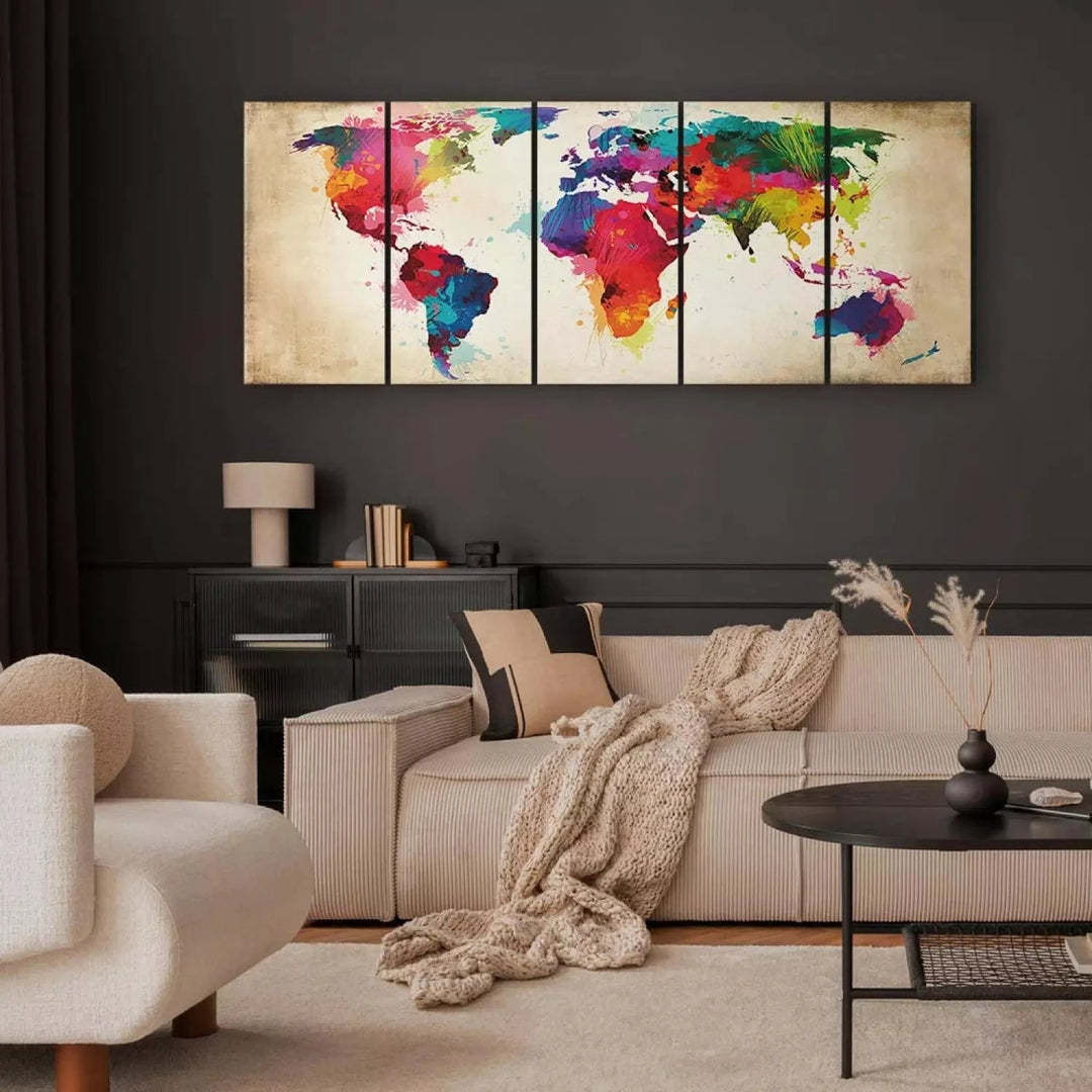 Kanva - Ar akvareļu krāsām gleznota pasaules karte - daudzkrāsaina ART XL