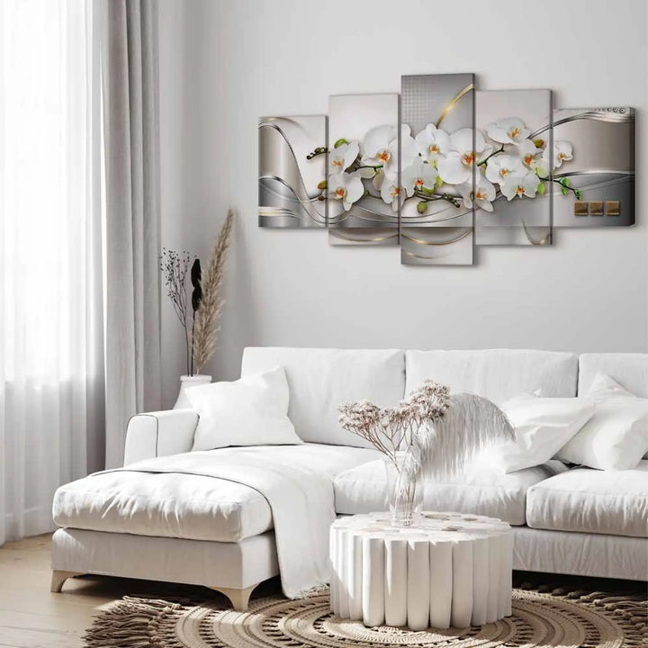 Glezna ar baltam arhidejām uz pelēka abstrakta fona - 50103 (x5) ART XL