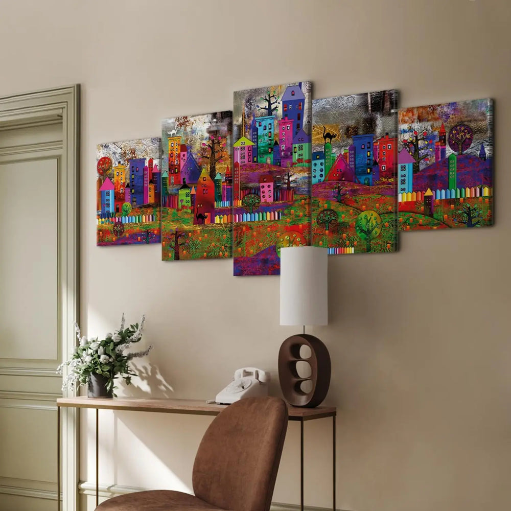 Glezna ar krāsainu pilsētu | Krāsainas mājas un žogi popārta stilā ART XL