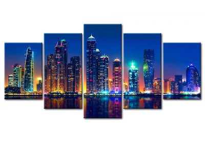 Paveikslai ant drobės su naktiniu didmiesčiu - mėlynos spalvos Dubajaus naktys (x5), 90562 G-ART.