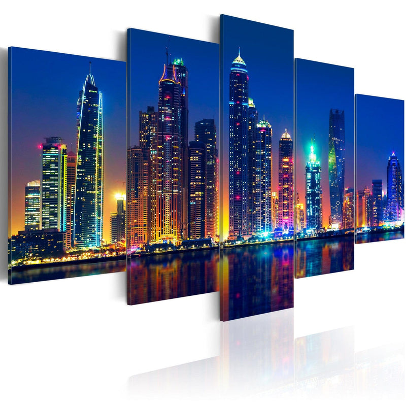Canvas-taulut suurkaupunki yöllä - Dubai Nights sinisen sävyissä (x5), 90562 G-ART.