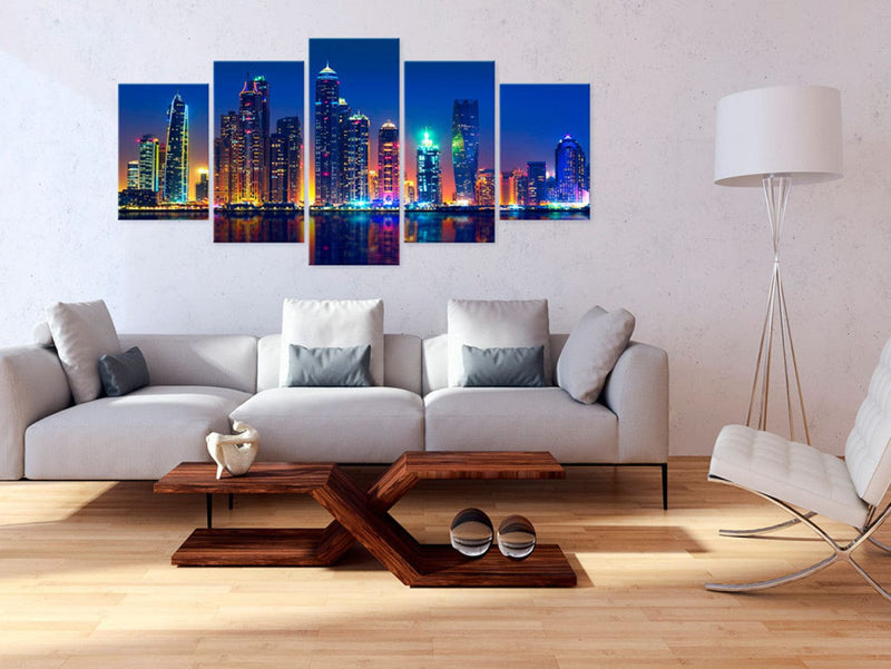 Canvas-taulut suurkaupunki yöllä - Dubai Nights sinisen sävyissä (x5), 90562 G-ART.