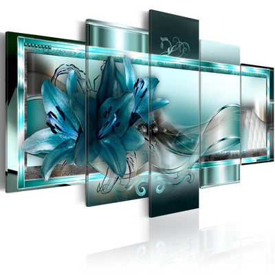 Paveikslai ant drobės su turkio spalvos lelijomis ir abstrakcija - Sky Blue Lilies, (x5), 93050 G-ART.