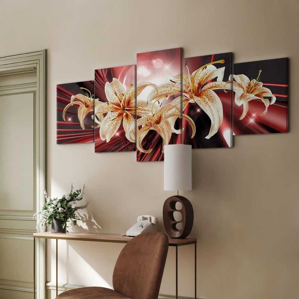 Glezna ar lilijām uz abstrakta sarkana fona - Kaislība, 90607 ART XL